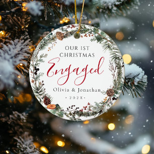 First Christmas Engaged Greenery Wreath Photo Ceramic Ornament