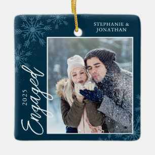 First Christmas Engaged Handwriting Script Blue Ceramic Ornament
