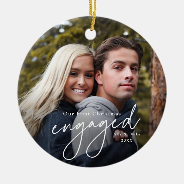 First Christmas Engaged Handwritten Photo Ceramic Ornament (Front)