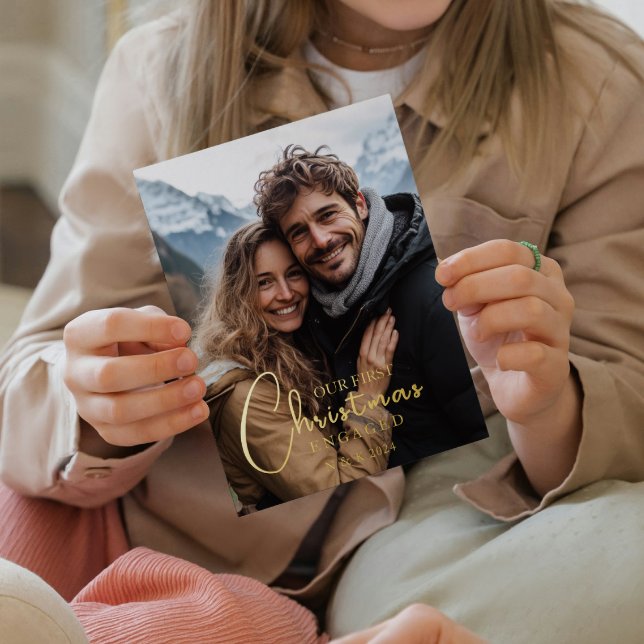 First Christmas Engaged Happy Couple Photo Foil Holiday Card (Creator Uploaded)