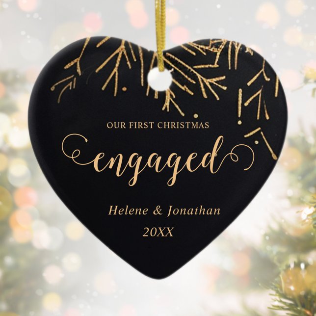 First Christmas Engaged Holiday Black Gold Unique Ceramic Ornament (First Christmas Engaged Holiday Black Gold Unique Ceramic Ornament)