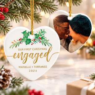 First Christmas Engaged Holly Gold Script Photo Ceramic Ornament