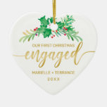 First Christmas Engaged Holly Gold Script Photo Ceramic Ornament