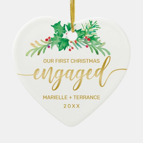 First Christmas Engaged Holly Gold Script Photo Ceramic Ornament