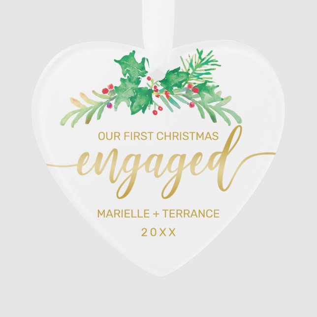 First Christmas Engaged Holly Gold Script Photo Ornament (Front)