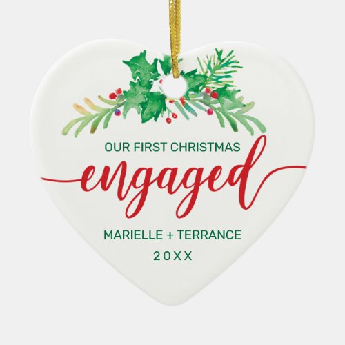 First Christmas Engaged Holly Red Script Photo Ceramic Ornament