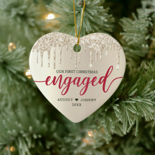 First Christmas Engaged Ivory Glitter Red Script Ceramic Ornament