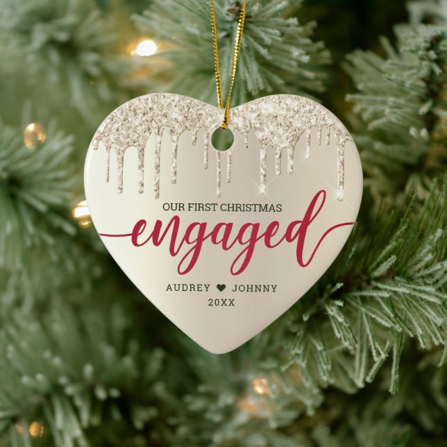 First Christmas Engaged Ivory Glitter Red Script Ceramic Ornament (Tree)