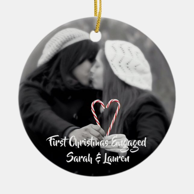 First Christmas Engaged | Lesbian Couple Ceramic Ornament (Front)