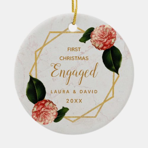 First Christmas Engaged Marble Gold Pink Camellia Ceramic Ornament