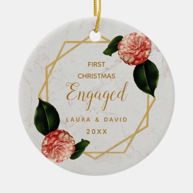 First Christmas Engaged Marble Gold Pink Camellia Ceramic Ornament (Front)