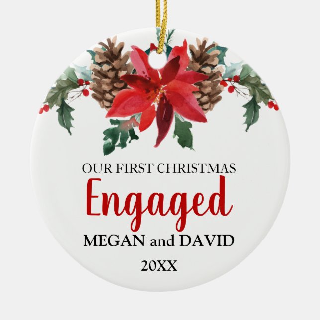 First Christmas Engaged Married photo poinsettia Ceramic Ornament (Front)