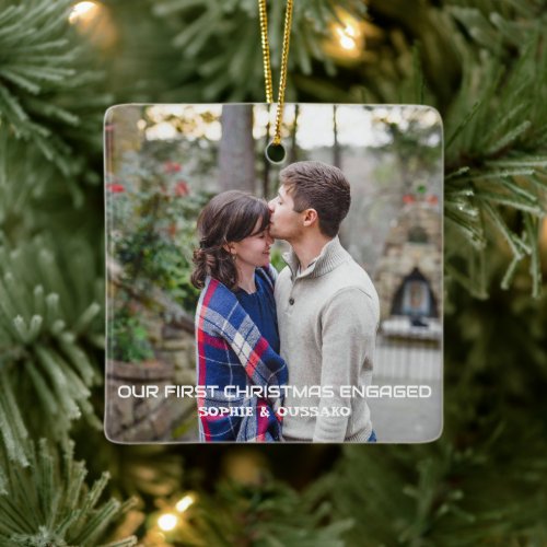 First Christmas Engaged  Minimal Engagement Photo Ceramic Ornament