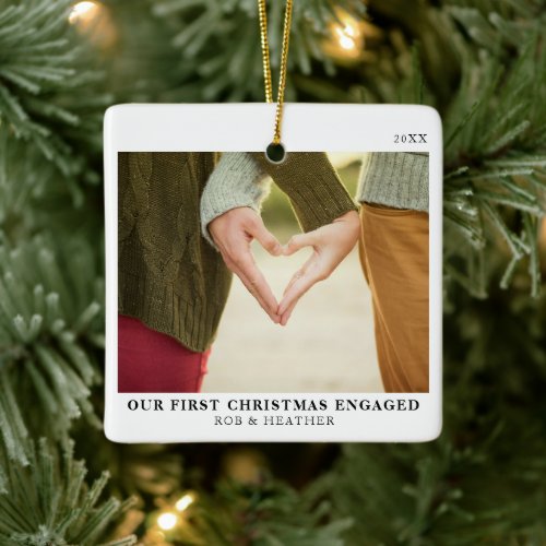 First Christmas Engaged Minimal Engagement Photo Ceramic Ornament