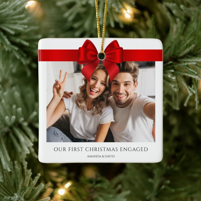 First Christmas Engaged | Minimal Engagement Photo Ceramic Ornament (Tree)