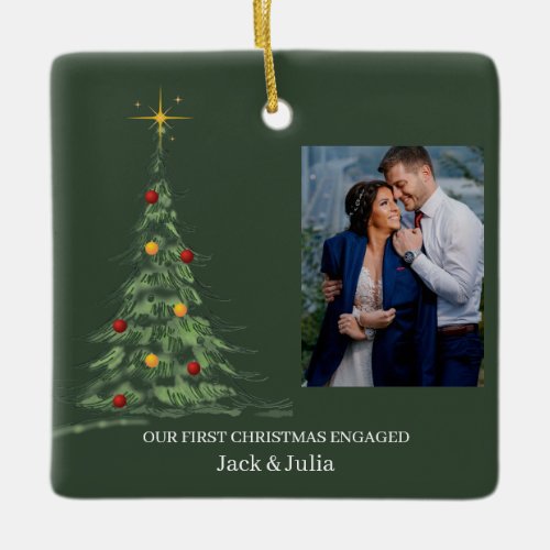 First Christmas Engaged  Minimal Engagement Photo Ceramic Ornament