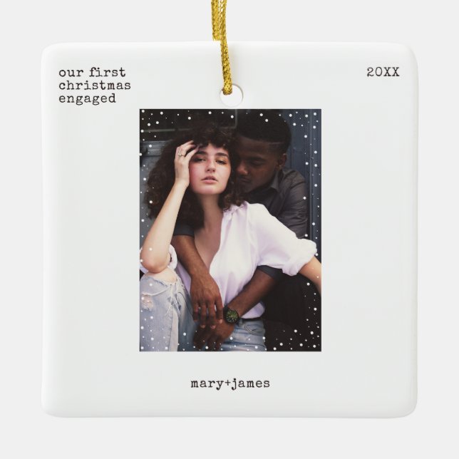 First Christmas Engaged | Minimal Typewriter Photo Ceramic Ornament (Front)