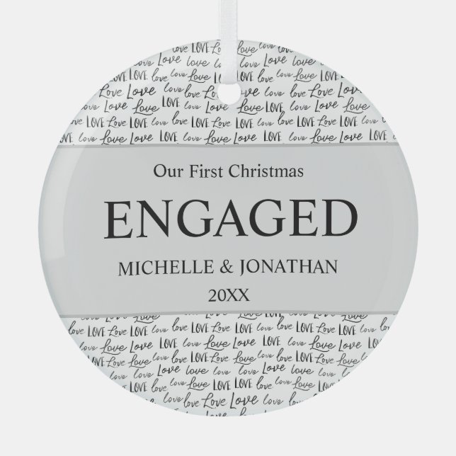 First Christmas Engaged Minimalist Love Custom Glass Ornament (Front)
