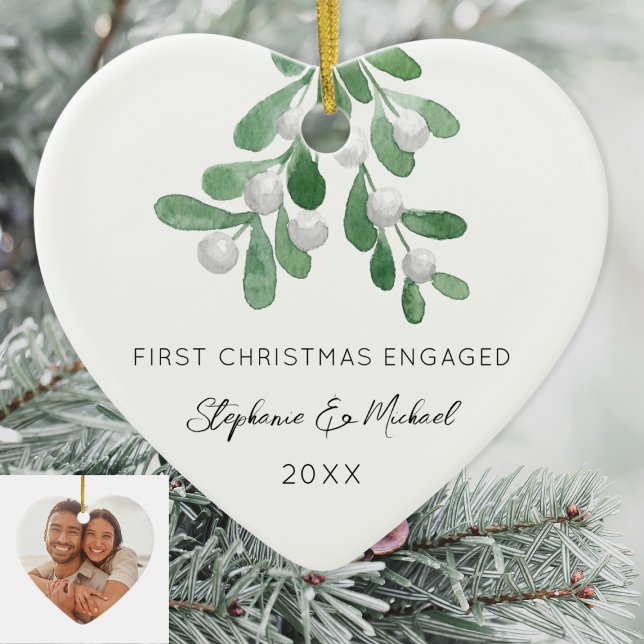 First Christmas Engaged Mistletoe Photo Ceramic Ornament (Creator Uploaded)