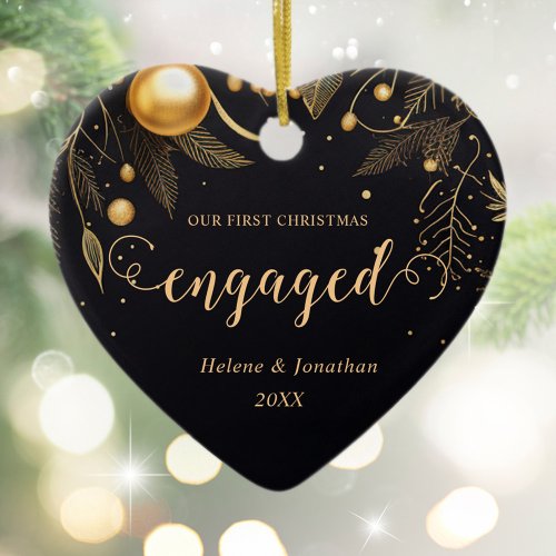 First Christmas Engaged Modern Elegant Couple Gold Ceramic Ornament