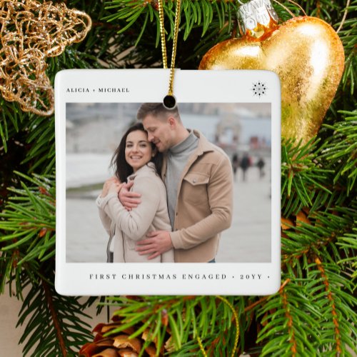 First Christmas engaged modern engagement photo Ceramic Ornament
