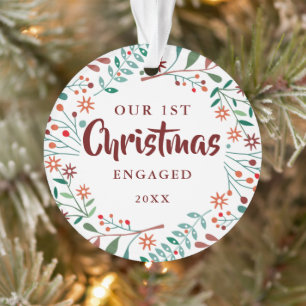 First Christmas Engaged Modern Floral Couple Photo Ornament