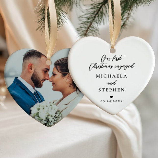 First Christmas Engaged Modern Minimalist Photo Ceramic Ornament (Creator Uploaded)