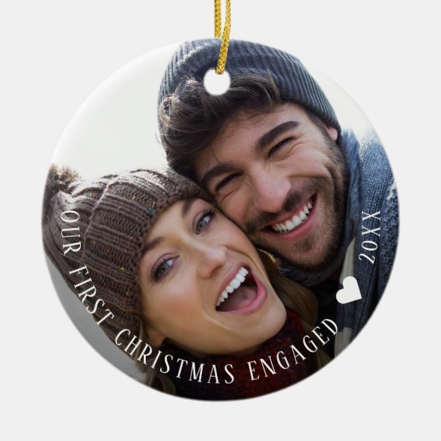 First Christmas Engaged Modern Photo Names Ceramic Ornament (Front)