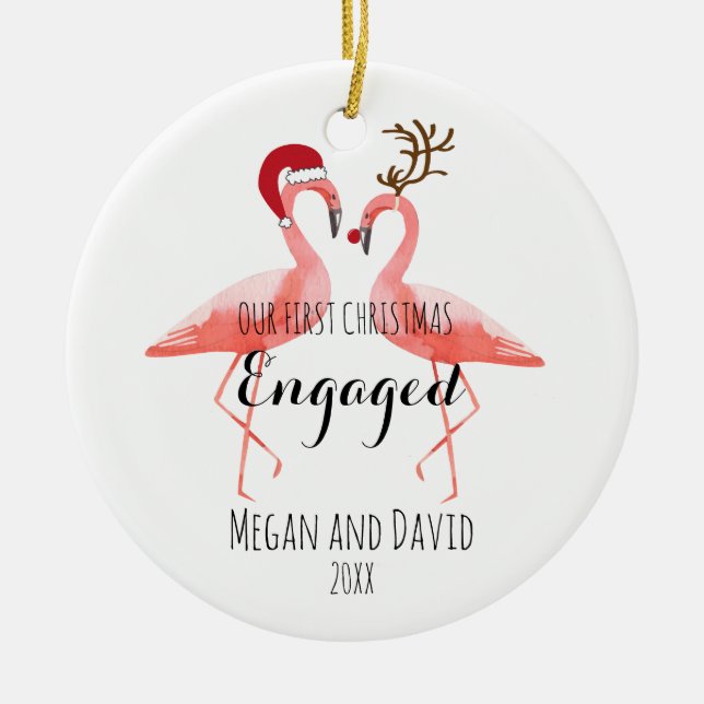 First Christmas Engaged or married funny flamingos Ceramic Ornament (Front)