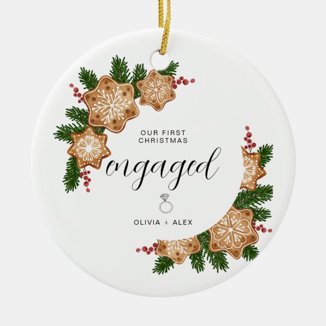 First Christmas Engaged Personalised Couple Gift  Ceramic Ornament (Front)