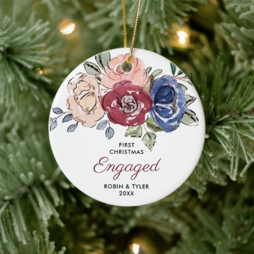 First Christmas Engaged Personalized Country Roses Ceramic Ornament