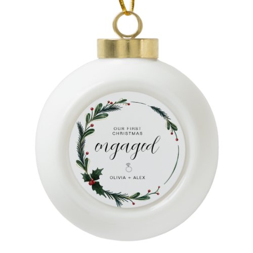 First Christmas Engaged Personalized Couple Gift  Ceramic Ball Christmas Ornament