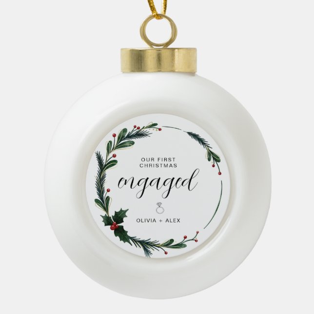First Christmas Engaged Personalized Couple Gift  Ceramic Ball Christmas Ornament (Front)