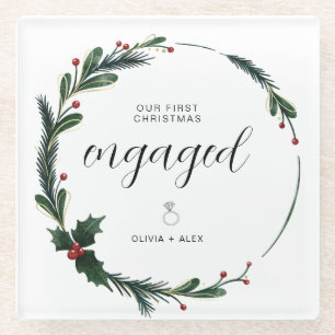 First Christmas Engaged Personalized Couple Gift  Glass Coaster