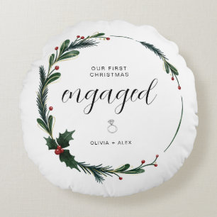 First Christmas Engaged Personalized Couple Gift Round Pillow