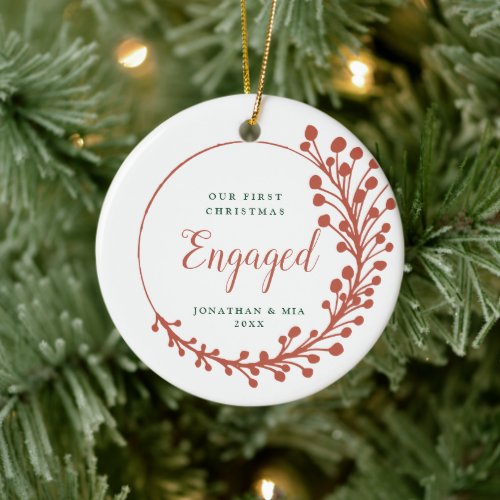 First Christmas Engaged Personalized Fern Wreath Ceramic Ornament