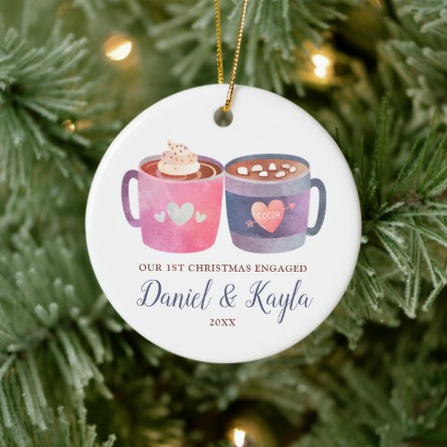 First Christmas Engaged Personalized Pair of Mugs Ceramic Ornament