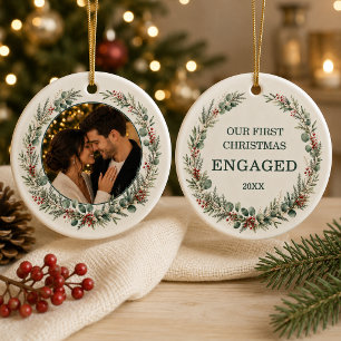 First Christmas Engaged Personalized Photo Ceramic Ornament