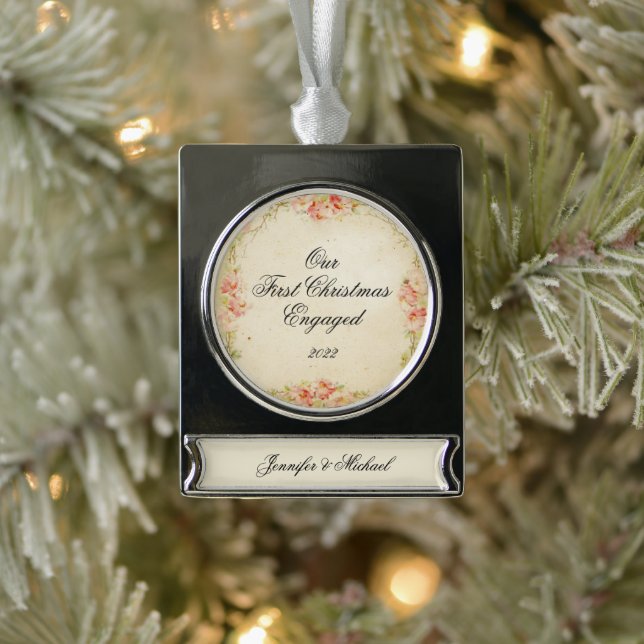 First Christmas Engaged Personalized Silver Plated Banner Ornament (Tree)