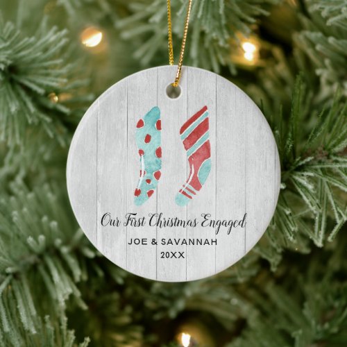 First Christmas Engaged Personalized Stockings Ceramic Ornament