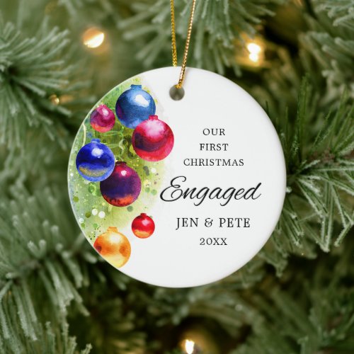 First Christmas Engaged Personalized Watercolor Ceramic Ornament