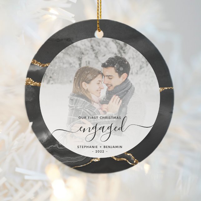 First Christmas Engaged Photo Black Agate Ceramic Ornament (Creator Uploaded)
