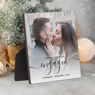 First Christmas Engaged Photo Black Script Plaque