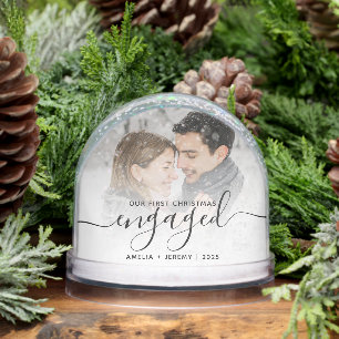 First Christmas Engaged Photo Black Script Snow Globe