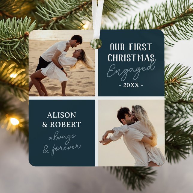 First Christmas Engaged Photo Blue Holiday Metal Ornament (Creator Uploaded)