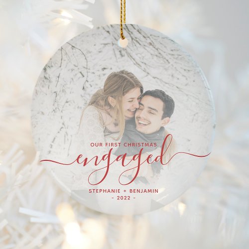 First Christmas Engaged Photo Bright Red Script Ceramic Ornament