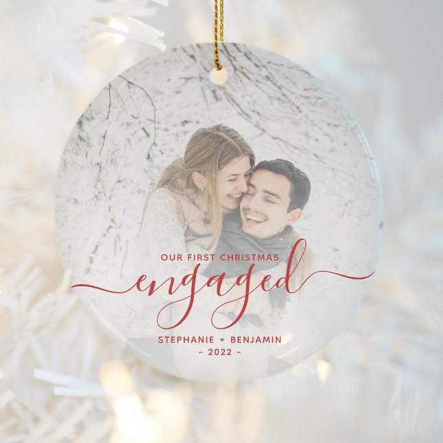First Christmas Engaged Photo Bright Red Script Ceramic Ornament (Creator Uploaded)