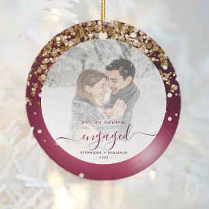 First Christmas Engaged Photo Burgundy Gold Ceramic Ornament