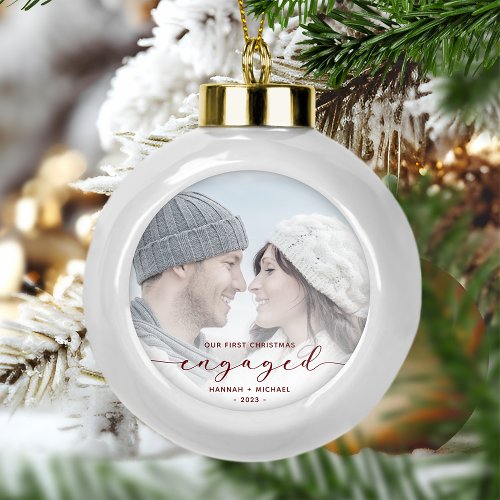 First Christmas Engaged Photo Burgundy Red Script Ceramic Ball Christmas Ornament