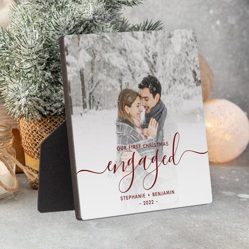 First Christmas Engaged Photo Burgundy Red Script Plaque